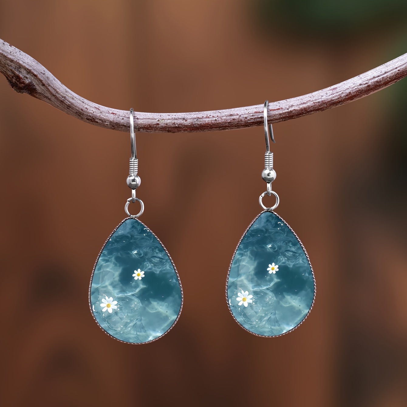 Unisex Deep Sea Blue Water Ripple Daisy Pattern Droplet Earrings